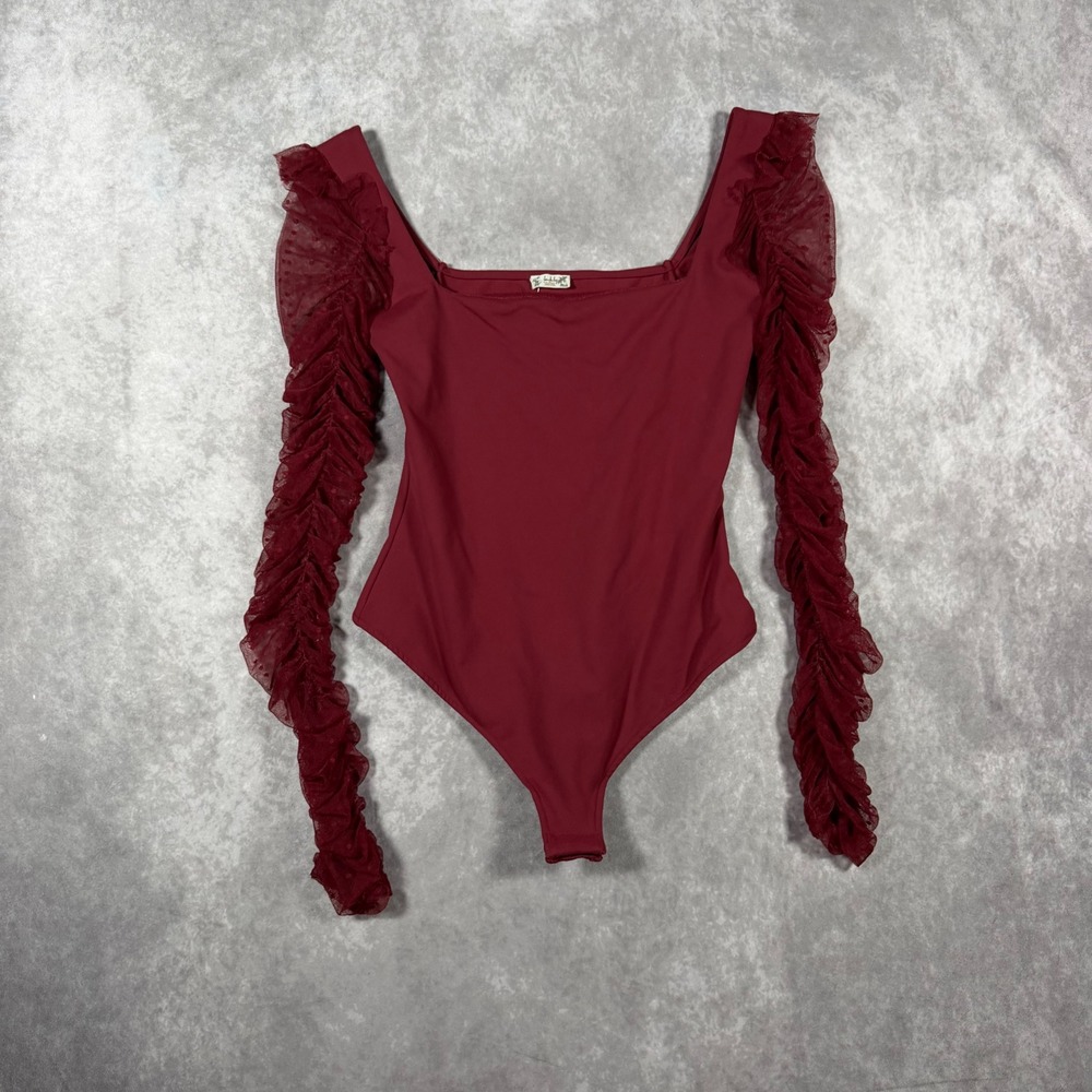 Free People Intimately Burgundy Ruched Mesh Polka Dot Sleeve Bodysuit Small